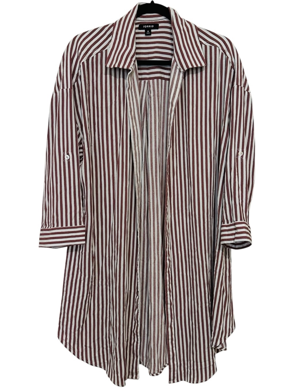 TORRID white w/mauve stripes long open front shirt 3/4 sleeves size 0 (Large/12)